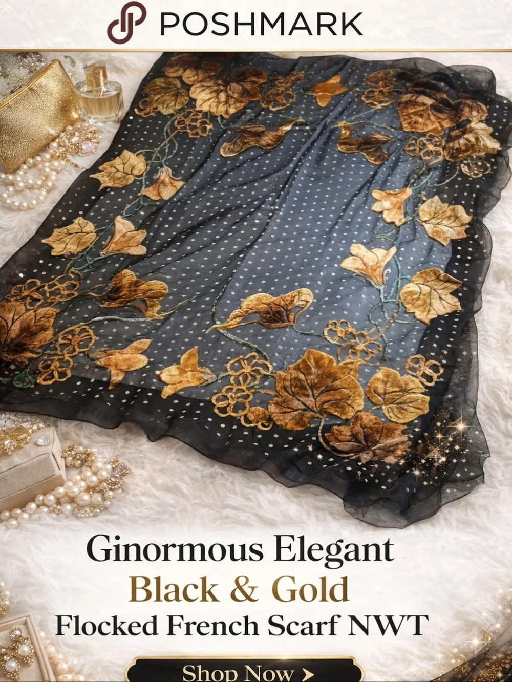 Ginormous Elegant Black and Gold Flocked French Scarf NWT